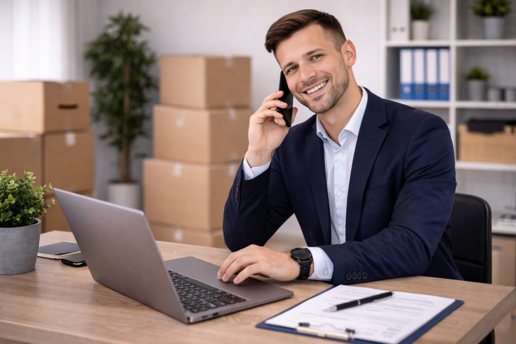 Mitarbeiter telefoniert – Kontakt Umzugsunternehmen Traunreut für Angebot oder Beratung