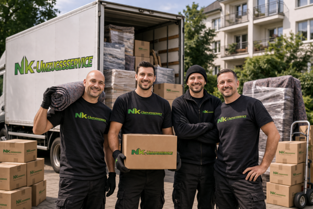 Professionelle Umzugsteam vor LKW NK Umzugsservice