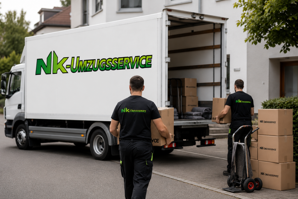 Umzugsunternehmen Altenmarkt an der Alz mit NK Umzugsservice LKW und Umzugshelfern vor Wohnhaus